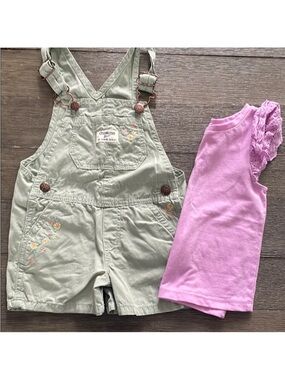 OshKosh B'gosh Sage Green Floral Embroidered Short Overalls